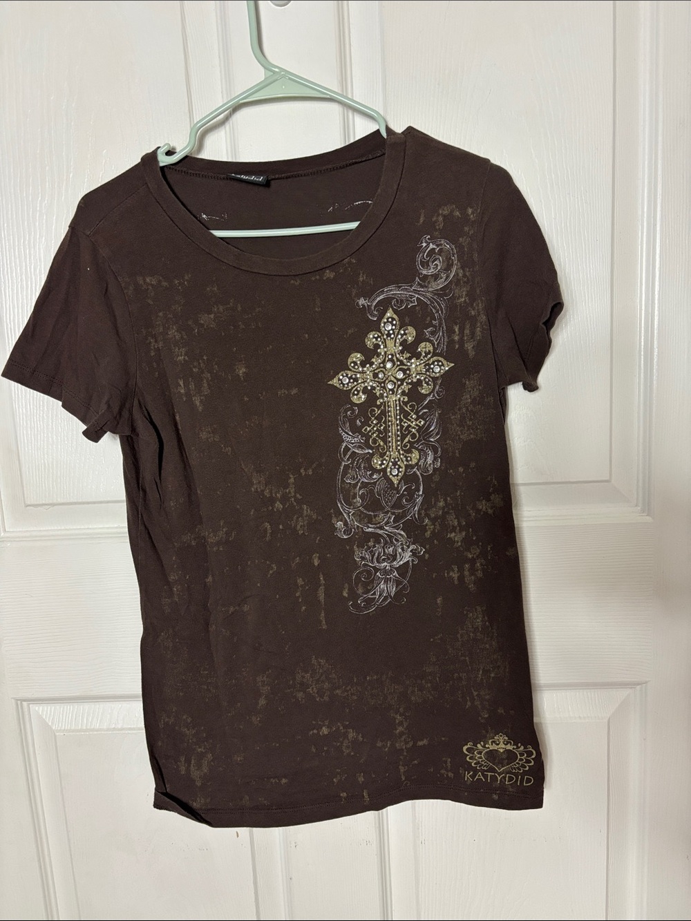 Katydid Y2K Embellished Cross Brown Crewneck front and back graphic Tee crusifix